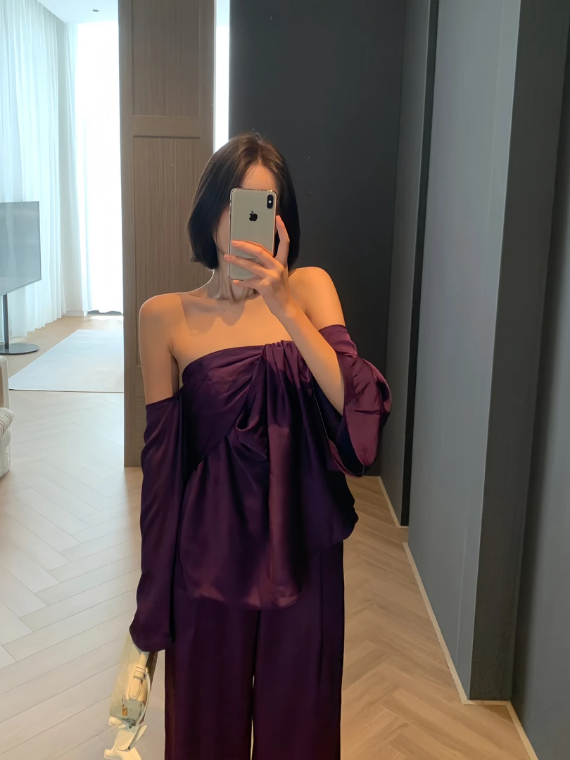 纯欲风辣妹性感露背气质抹胸长袖上衣低腰显瘦宽松直筒阔腿裤套装