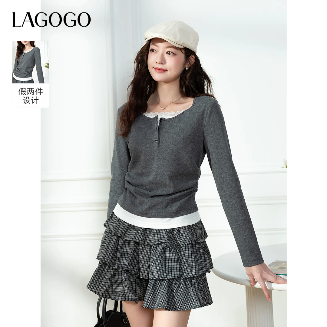 lagogo拉谷谷2025年新款假两件掐腰显瘦蕾丝T恤女OCTT557G36