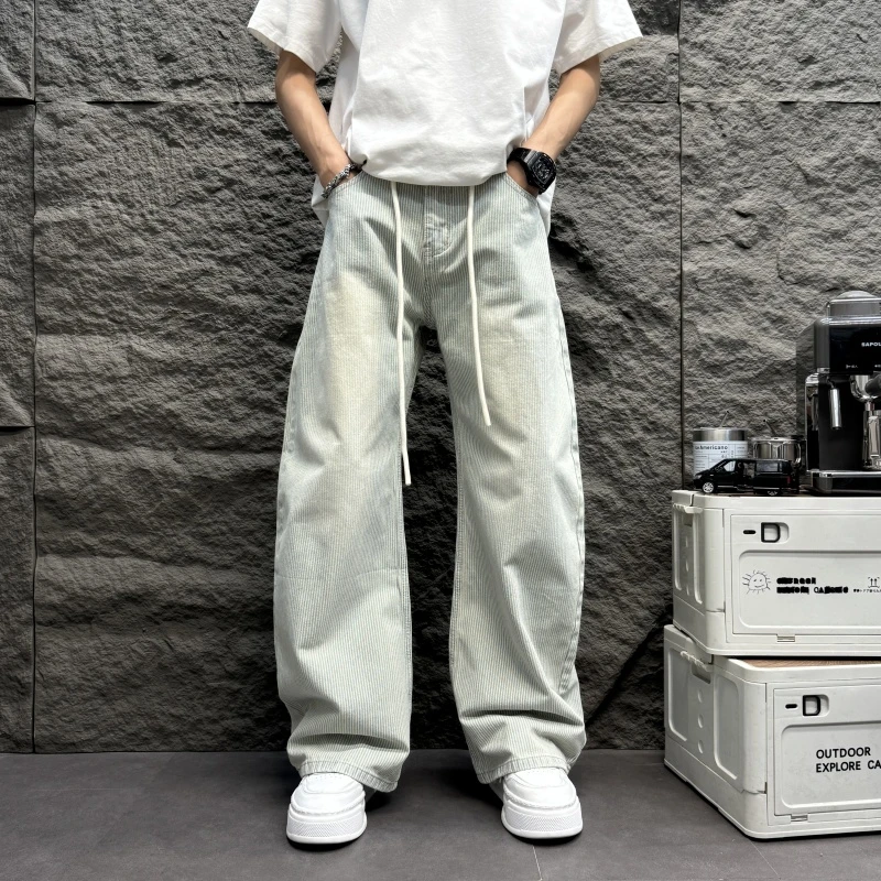 2025新款男士弯刀阔腿简约宽松蓝色条纹牛美式男士条纹弯刀牛仔裤