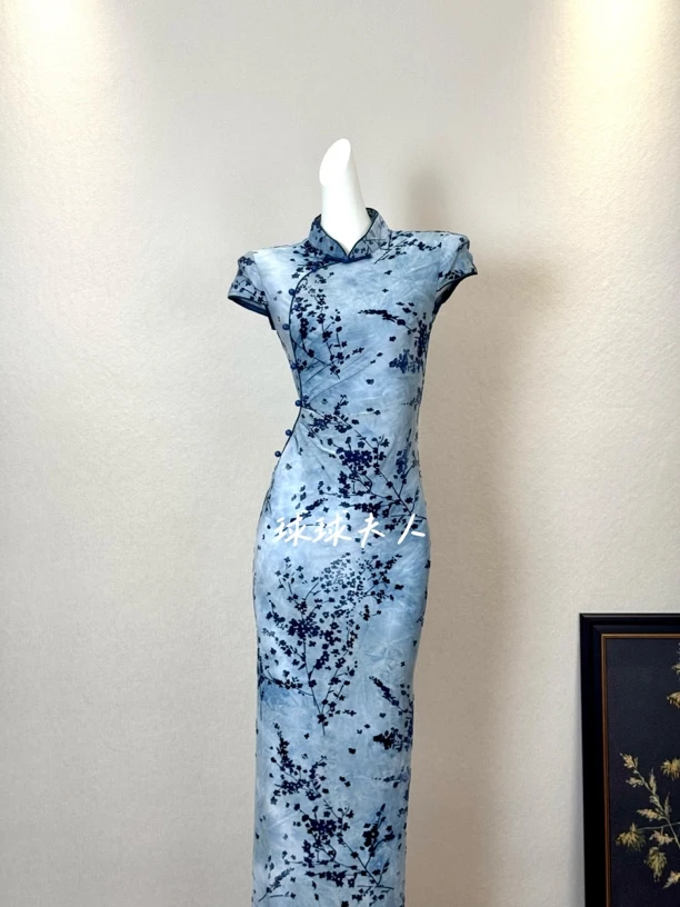 梅花）125cm新中式绝美蓝色旗袍裙新款国风改良收腰