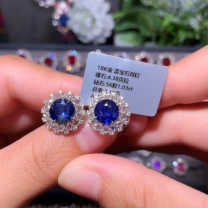 蓝宝石耳钉18K金镶嵌
