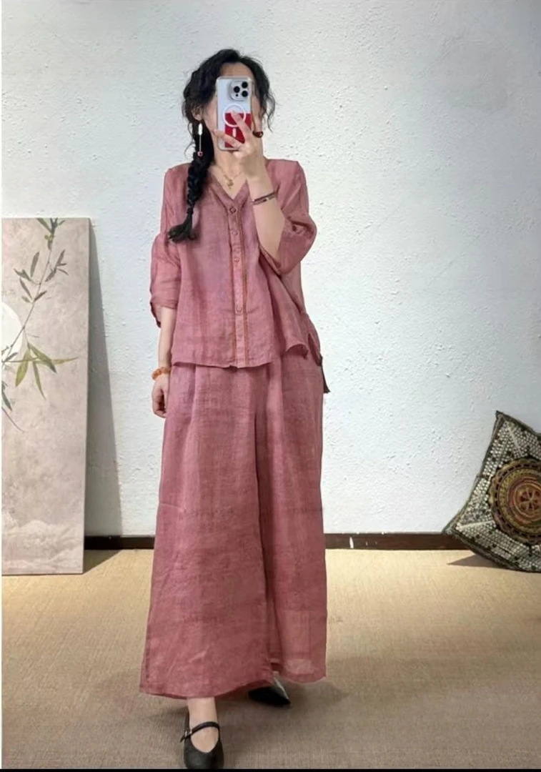 春夏新款极简森女高级气质苎麻印花套装V领小衫宽松阔腿裤两件套