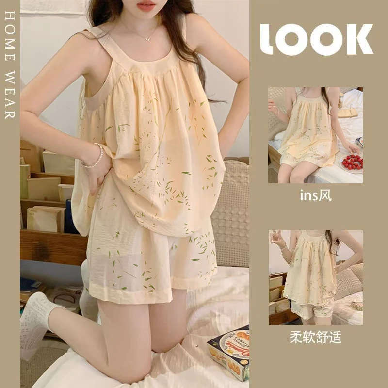2025年夏季云朵棉带胸垫吊带睡衣女套装圆领可外穿无袖睡衣家居服