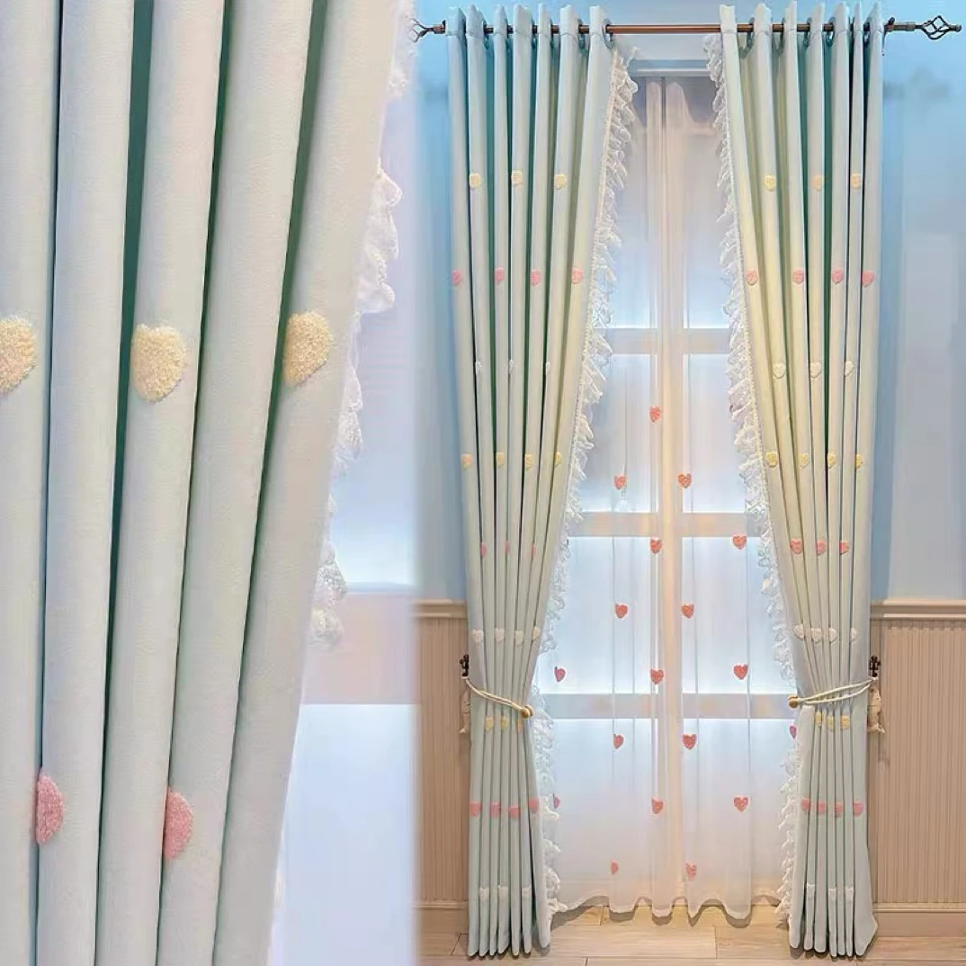 爱心刺绣｜现代简约蓝粉色毛巾绣遮光窗帘儿童房女孩卧室飘窗纱帘