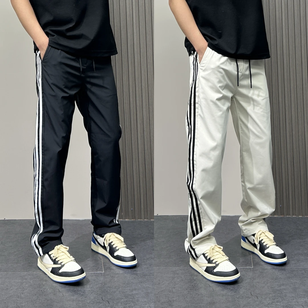 美式痞帅条纹速干休闲裤男夏季新款侧边三条杠宽松直筒运动裤百搭