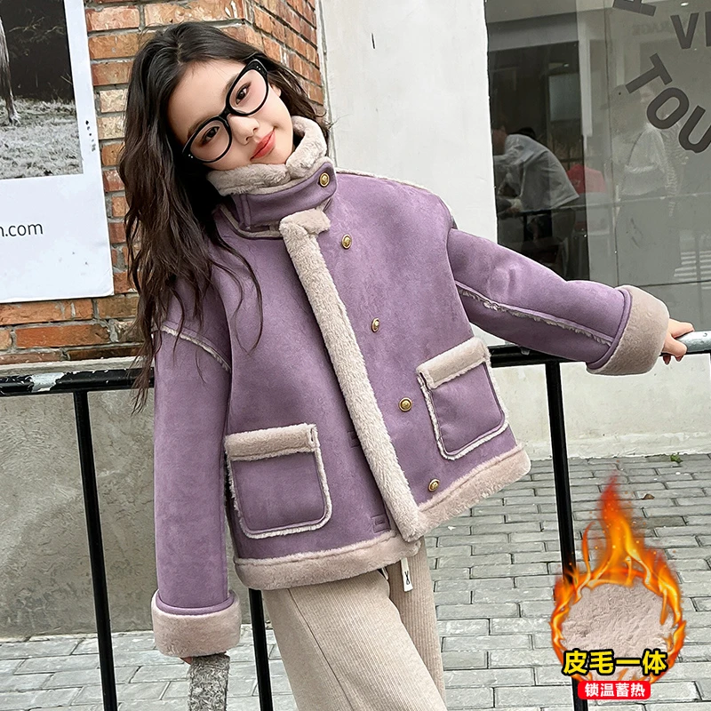 2025冬季新款女童皮毛一体外套翻领衣服洋气中大童时尚韩版机车服