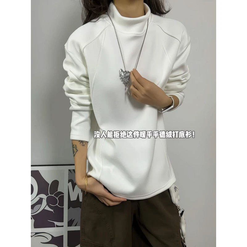 V37毛茸茸德绒纯色秋冬季加绒加厚长袖半高领打底衫内搭男白色T恤