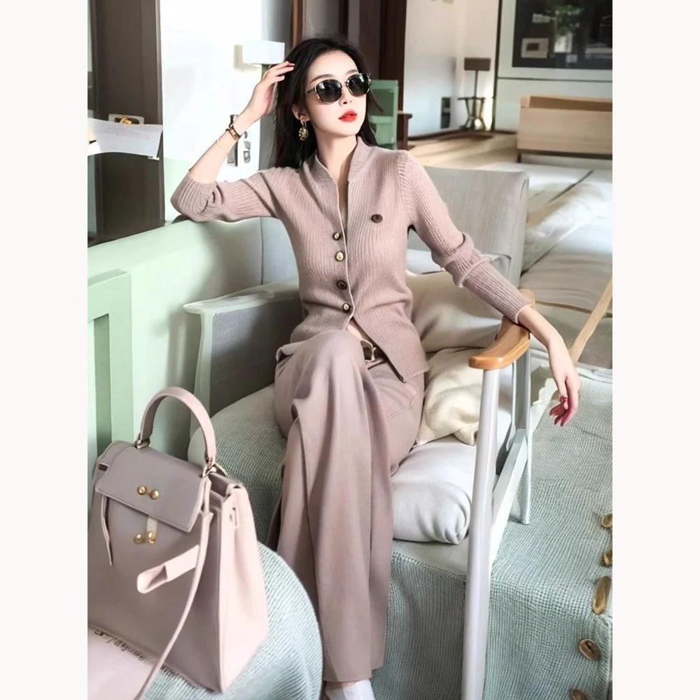 春秋女2025年新款韩剧小香风宽松休闲粉色立领毛衣阔腿裤两件套装