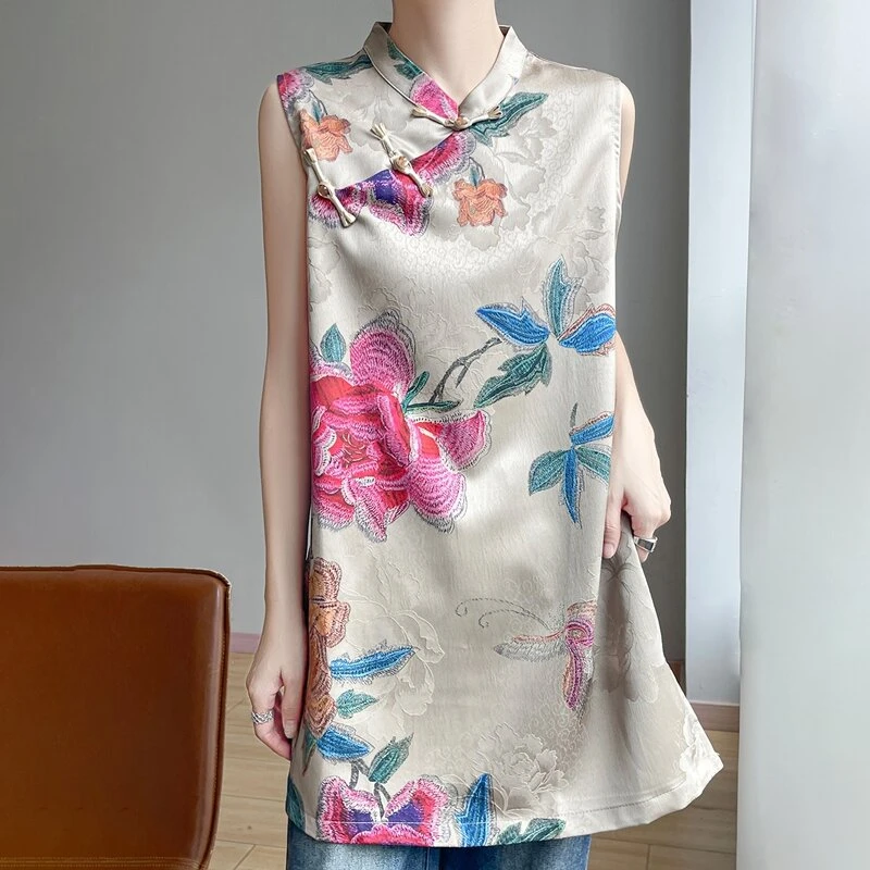 新中式改良旗袍开叉无袖上衣显瘦气质时尚夏季复古中长款中国风