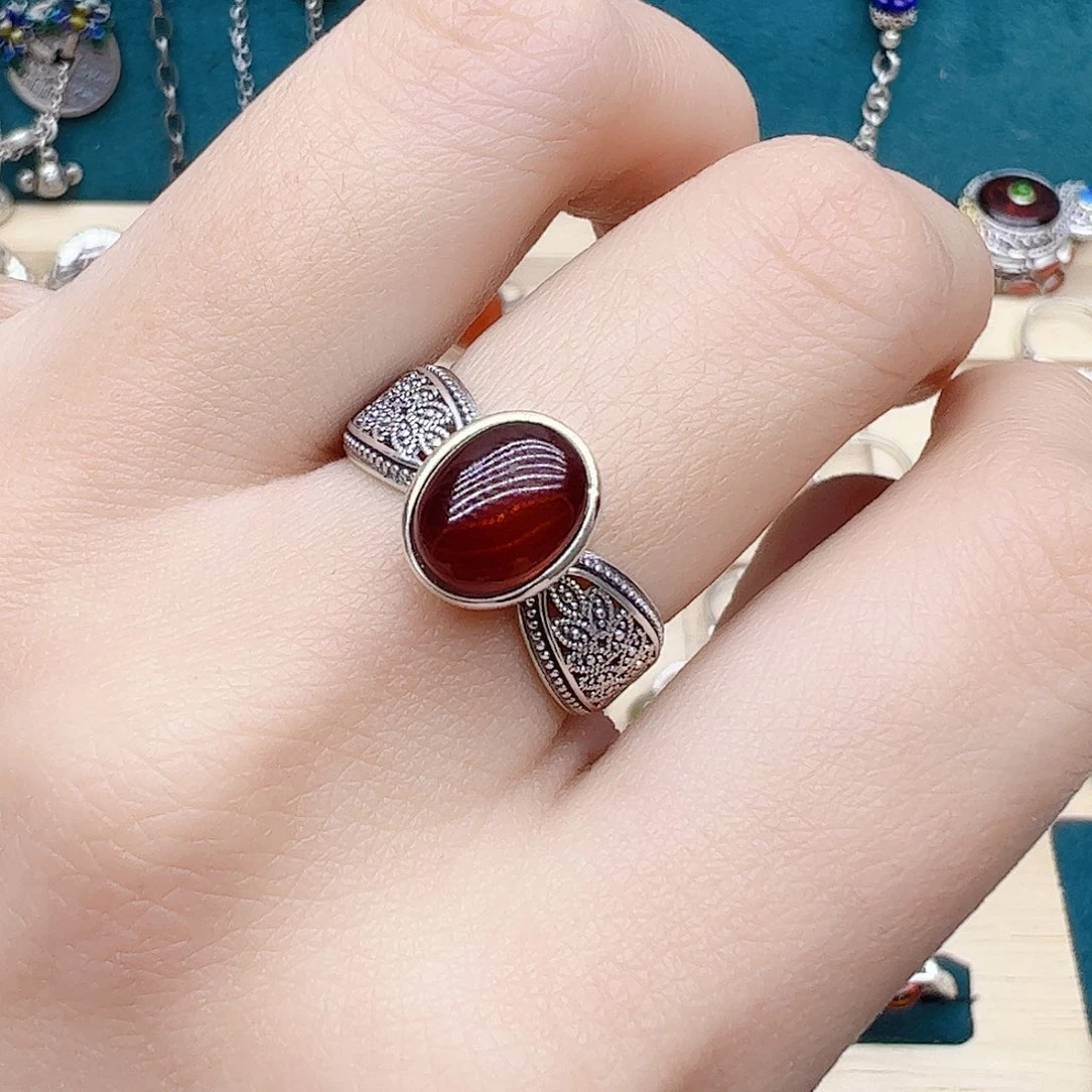 血珀戒指银S925镶嵌天然