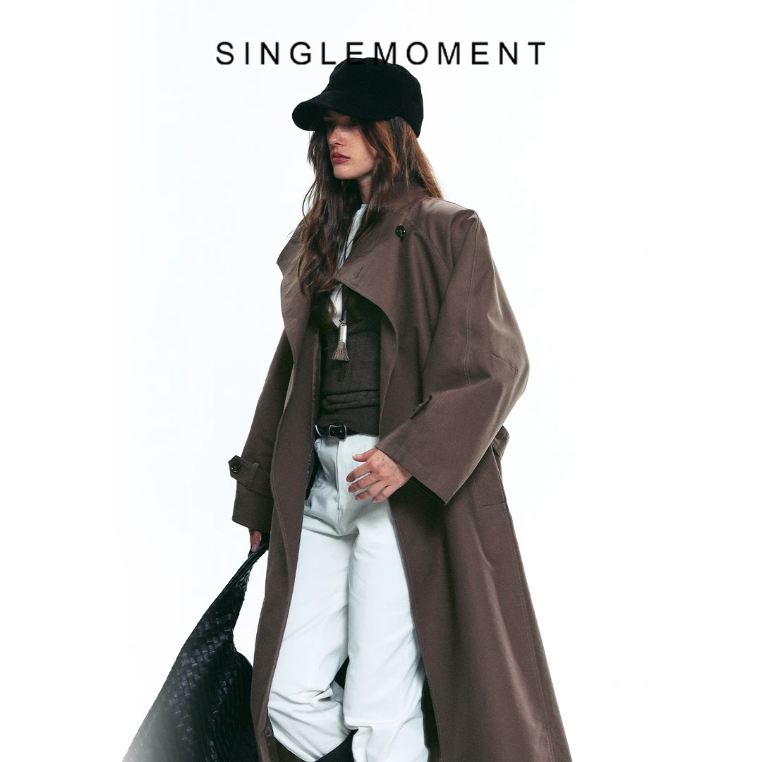SINGLE MOMENT 25AW秋季双面缎纹A字廓形半立领长款风衣外套女