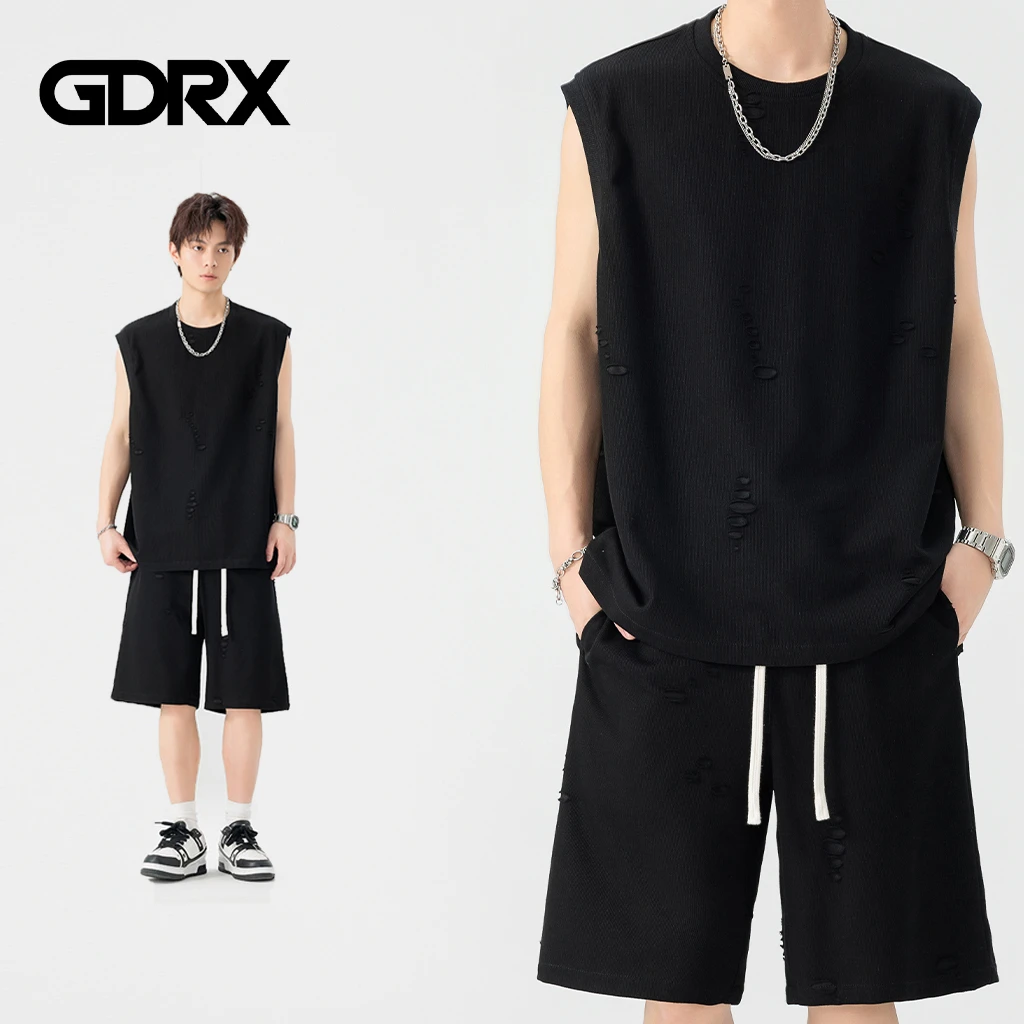 GDRX美式破洞无袖背心套装2025夏季新款男运动休闲薄款宽松两件套