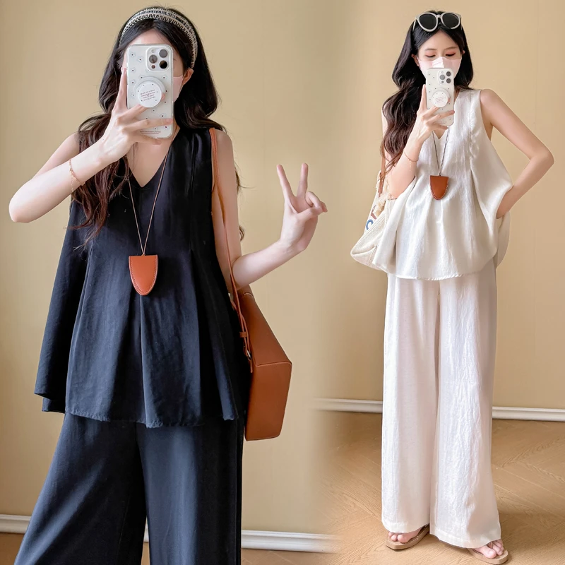 孕妇装套装夏季薄款时尚宽松显瘦纯色V领无袖上衣+阔腿裤两件套装