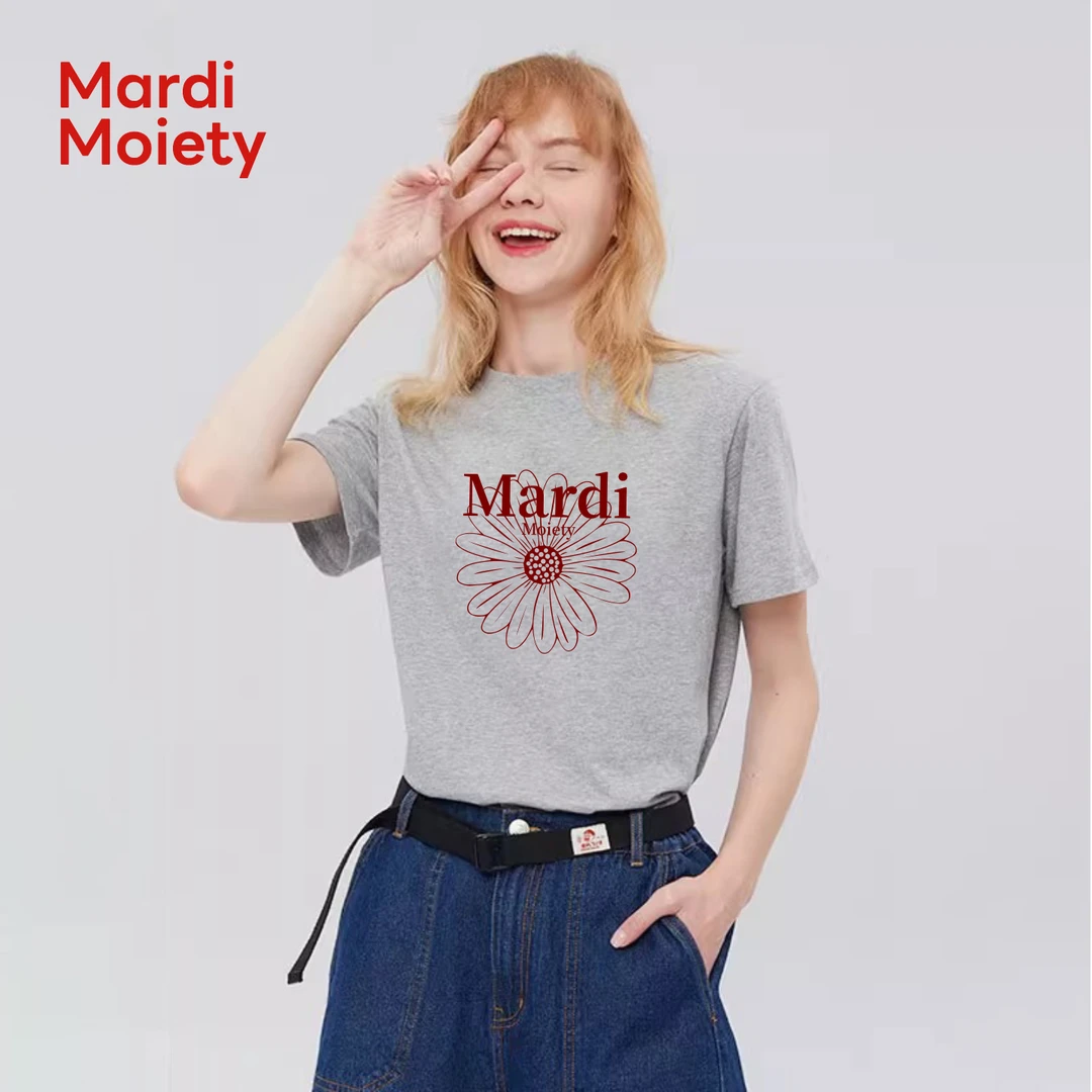 Mardi Moiety官方高级感小雏菊黑色正肩纯棉短袖T恤女设计感上衣