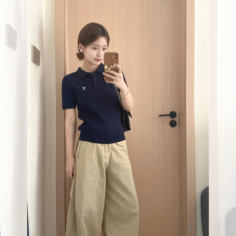 韩系藏青色polo领针织冰丝短袖t恤女夏季独特超好看短款正肩上衣