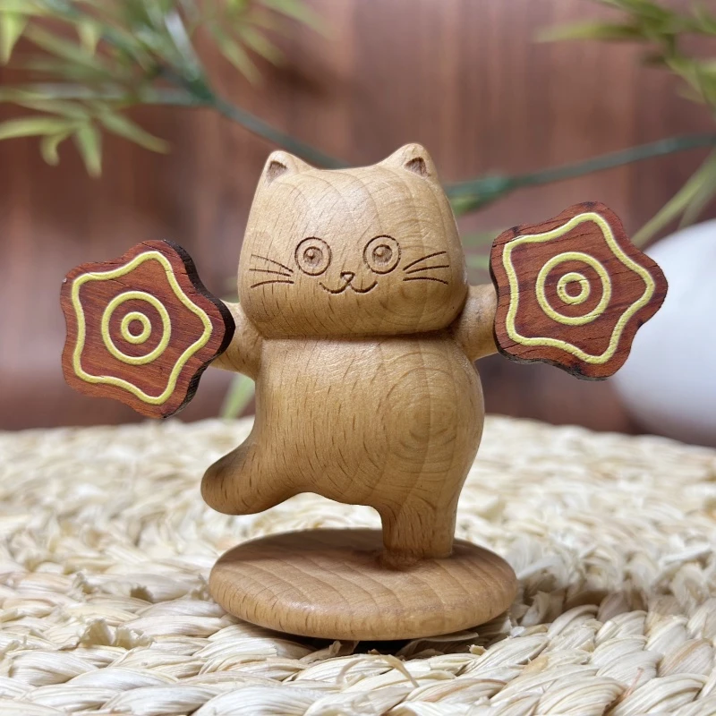 欢天喜地跳舞猫可爱卡通实木雕刻创意潮玩摆件车载装饰节日送朋友