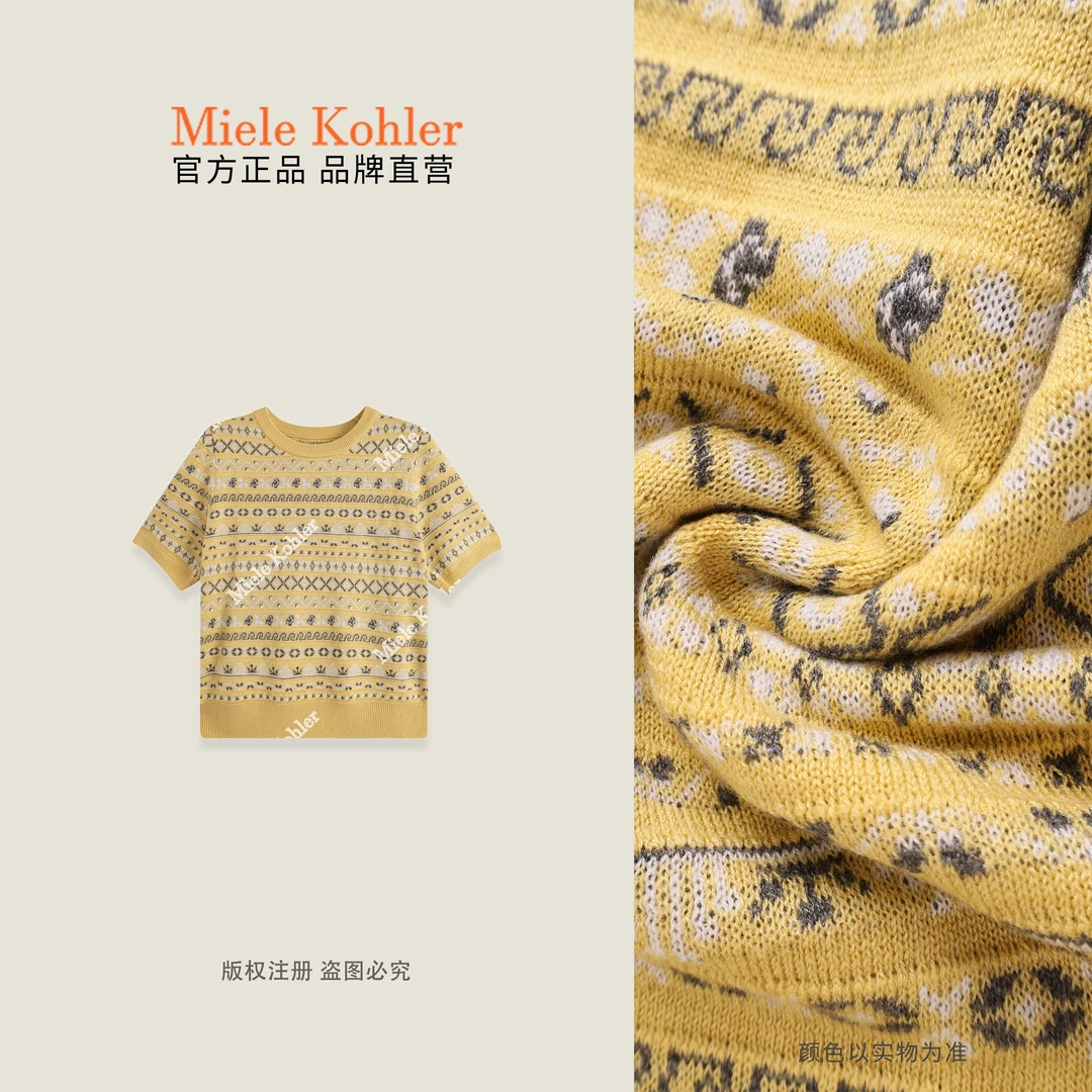 夏季新款时尚条纹碎花短袖圆领女针织衫MKAX6A029 【澳门小源同款】