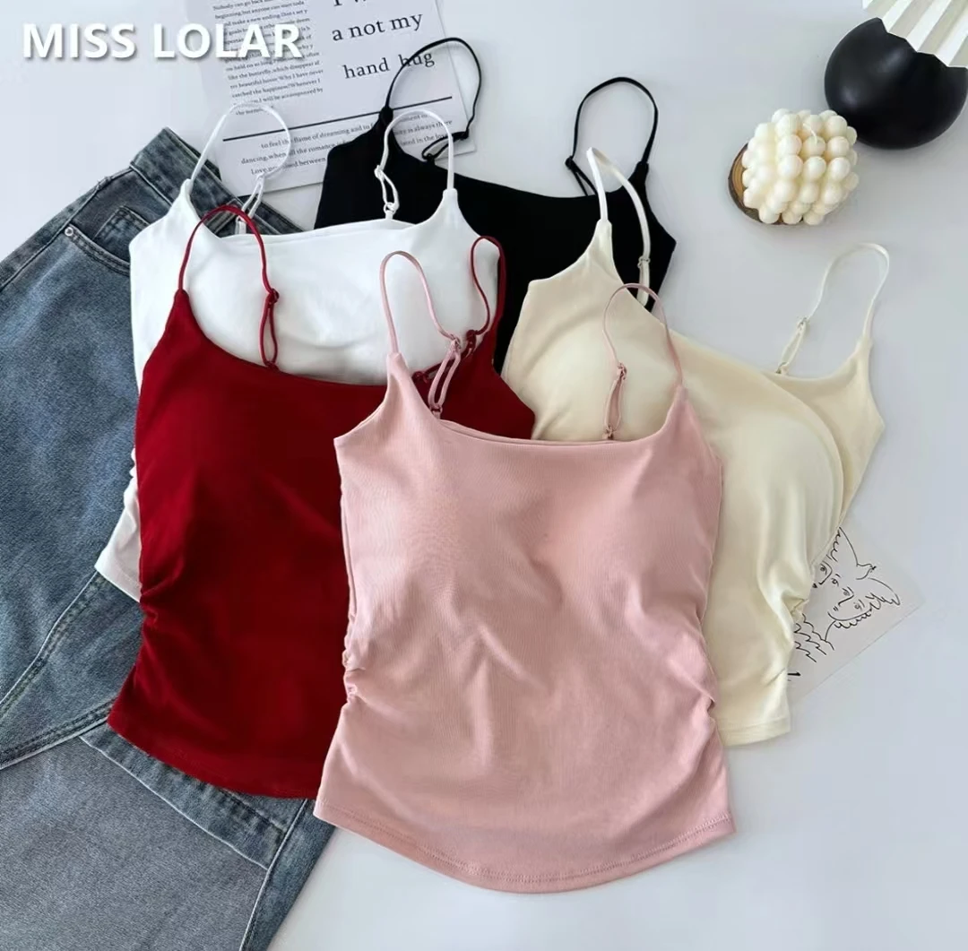 新款纯欲甜辣设计感褶皱吊带背心女外穿内搭带胸垫修身美背上衣夏