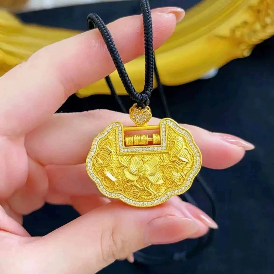 铜合金吊坠 镶钻花开富贵如意锁吊坠