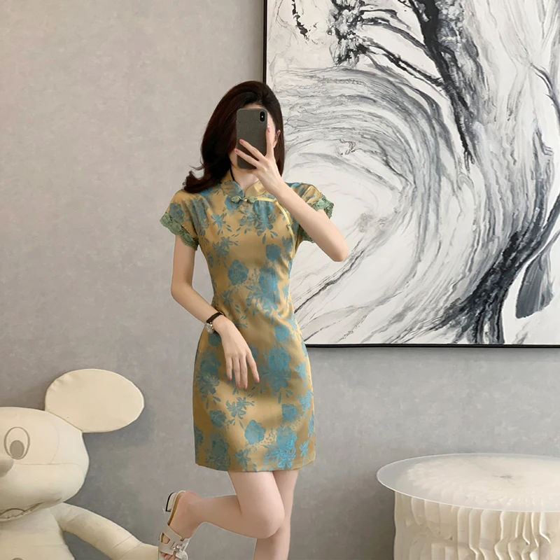 复古显瘦少女提花国潮A字裙绿色日常印花旗袍气质薄款夏季连衣裙