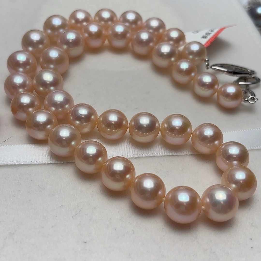 颈饰淡水珍珠银S925镶嵌10-12正圆粉金颗粒珠特选