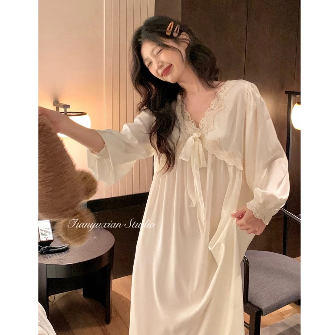 法式纯欲风V领蕾丝长袖冰丝睡裙女春秋季新款性感睡衣家居服套装