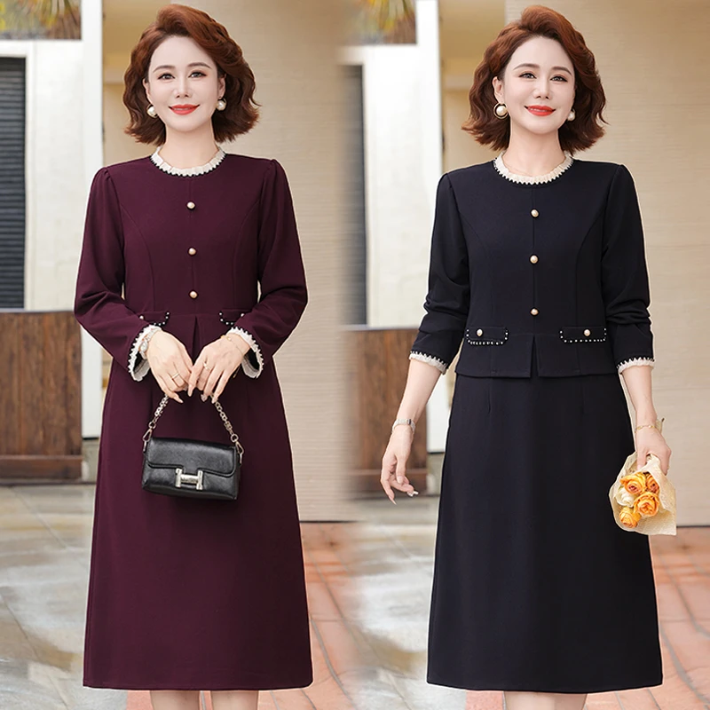 妈妈洋气长袖连衣裙中年女秋装小香风中老年春秋气质裙子2025新款