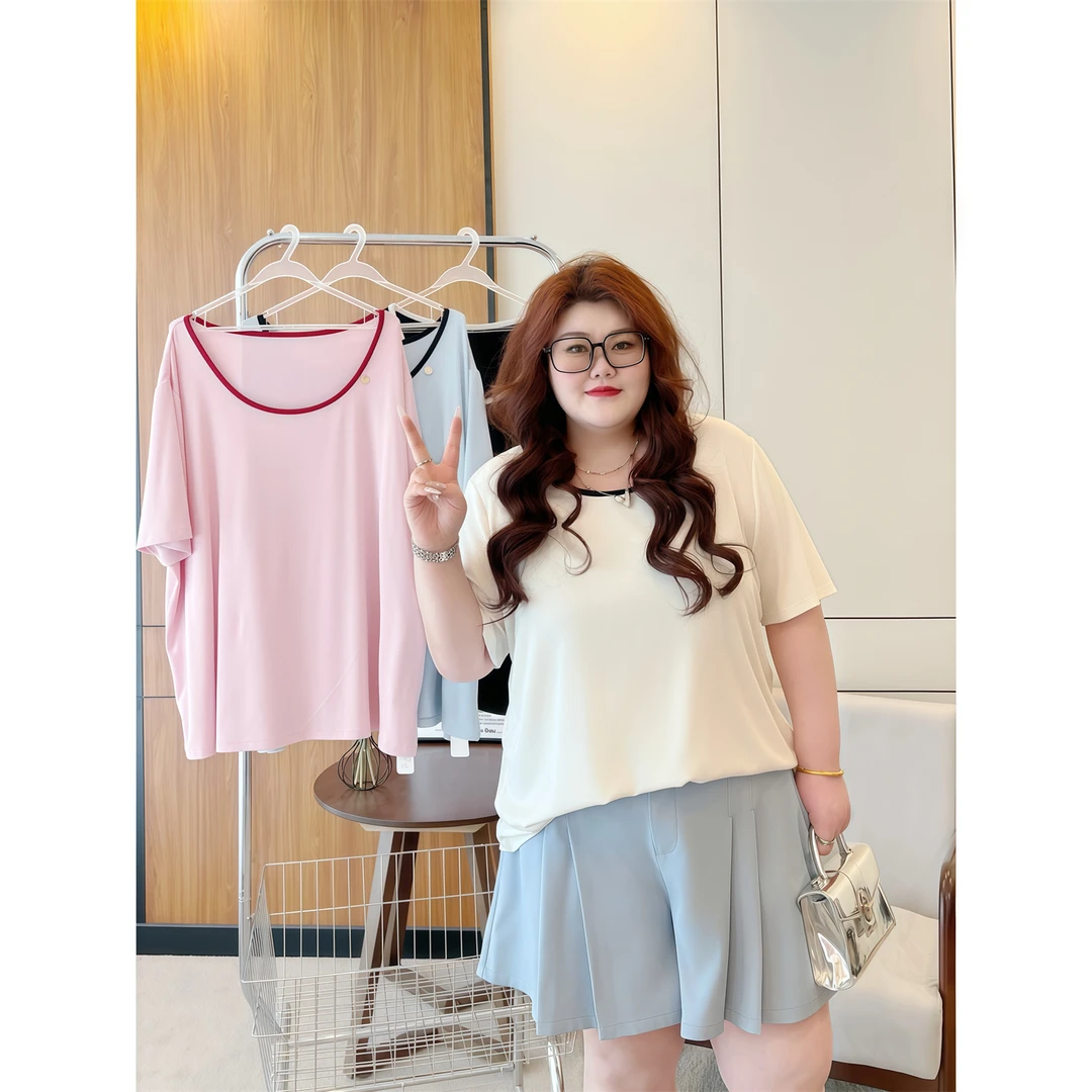 断码捡漏~马德里日 / 莫代尔慵懒风撞色短袖T 14677花契大码胖mm