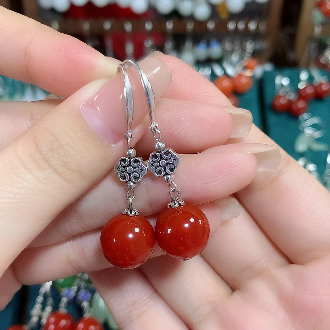 玛瑙/玉髓耳饰银S925镶嵌天然红玛瑙12mm左右（锦红）