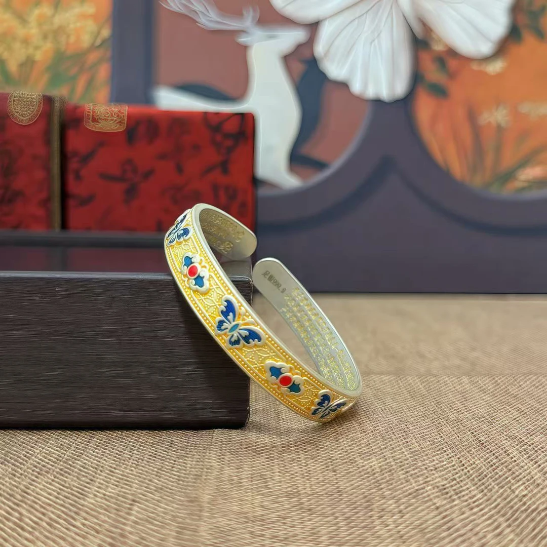 足银手镯 足银999.9[12号]六字真经珐琅蝴蝶