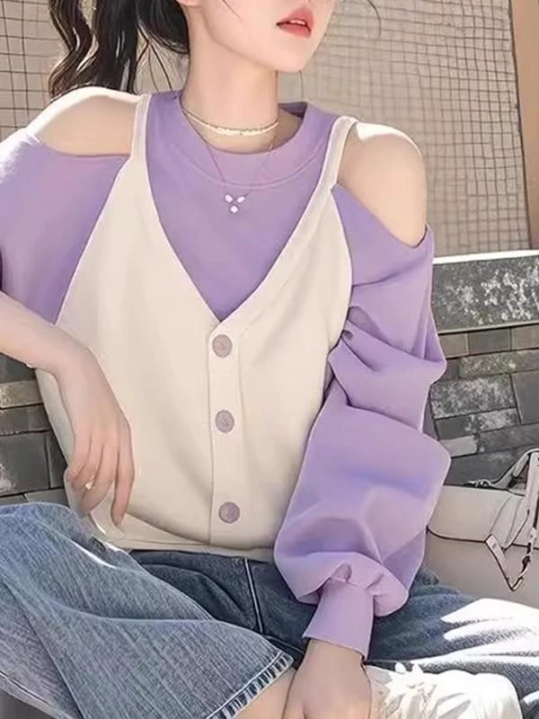 小众感紫色圆领洋气假两件卫衣女春季新款慵懒风百搭宽松外穿上衣