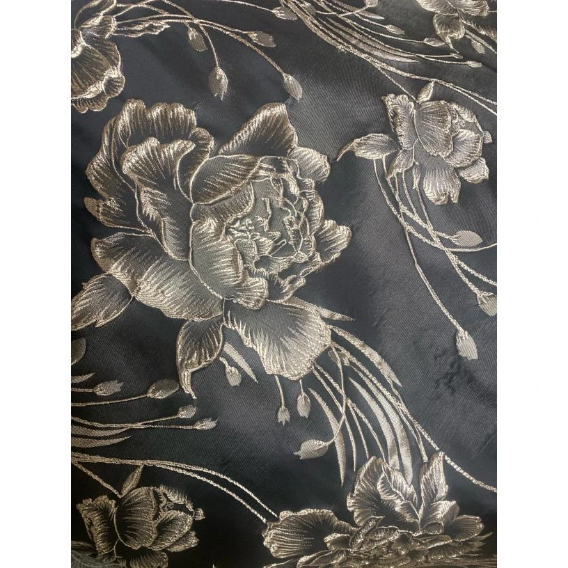 黑色浮雕大花新中式服装面料提花工艺汉服马甲外套锦缎布料