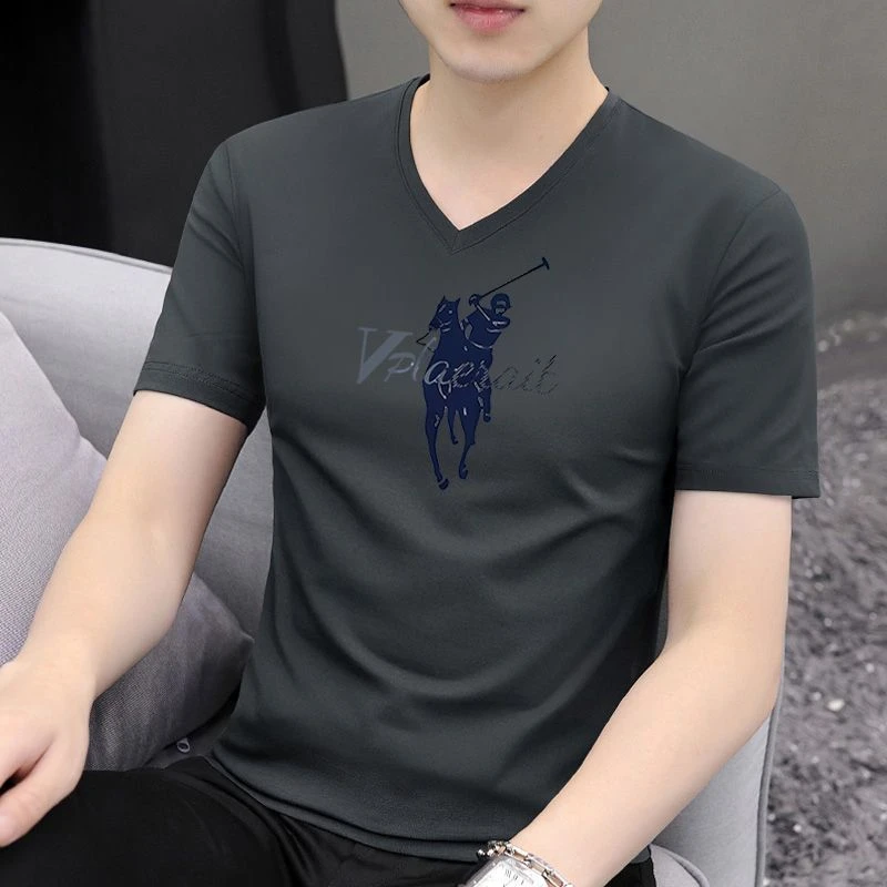 夏季男士印花短袖体恤2025衣服新款潮流半袖V领男装打底上衣