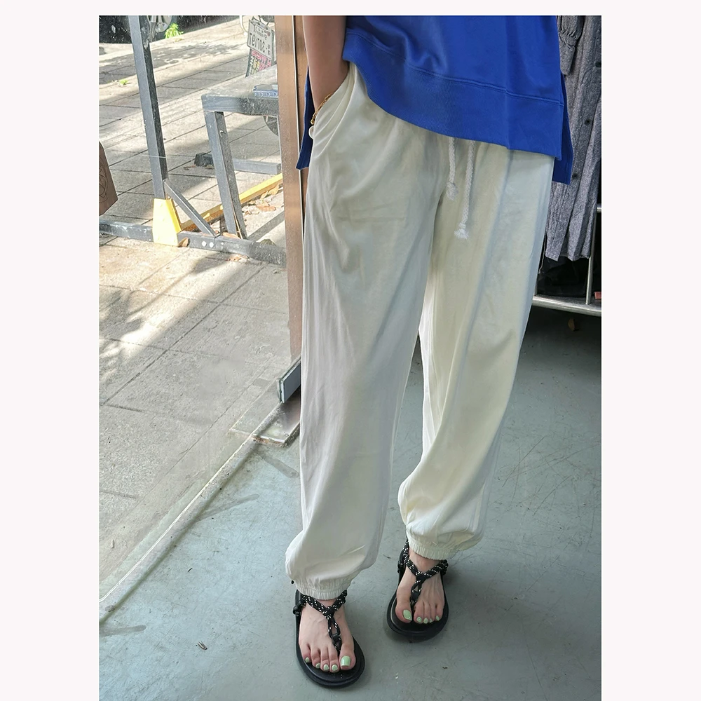 ML1901   春夏新款休闲百搭女士宽松松紧腰纯色直筒休闲长裤女