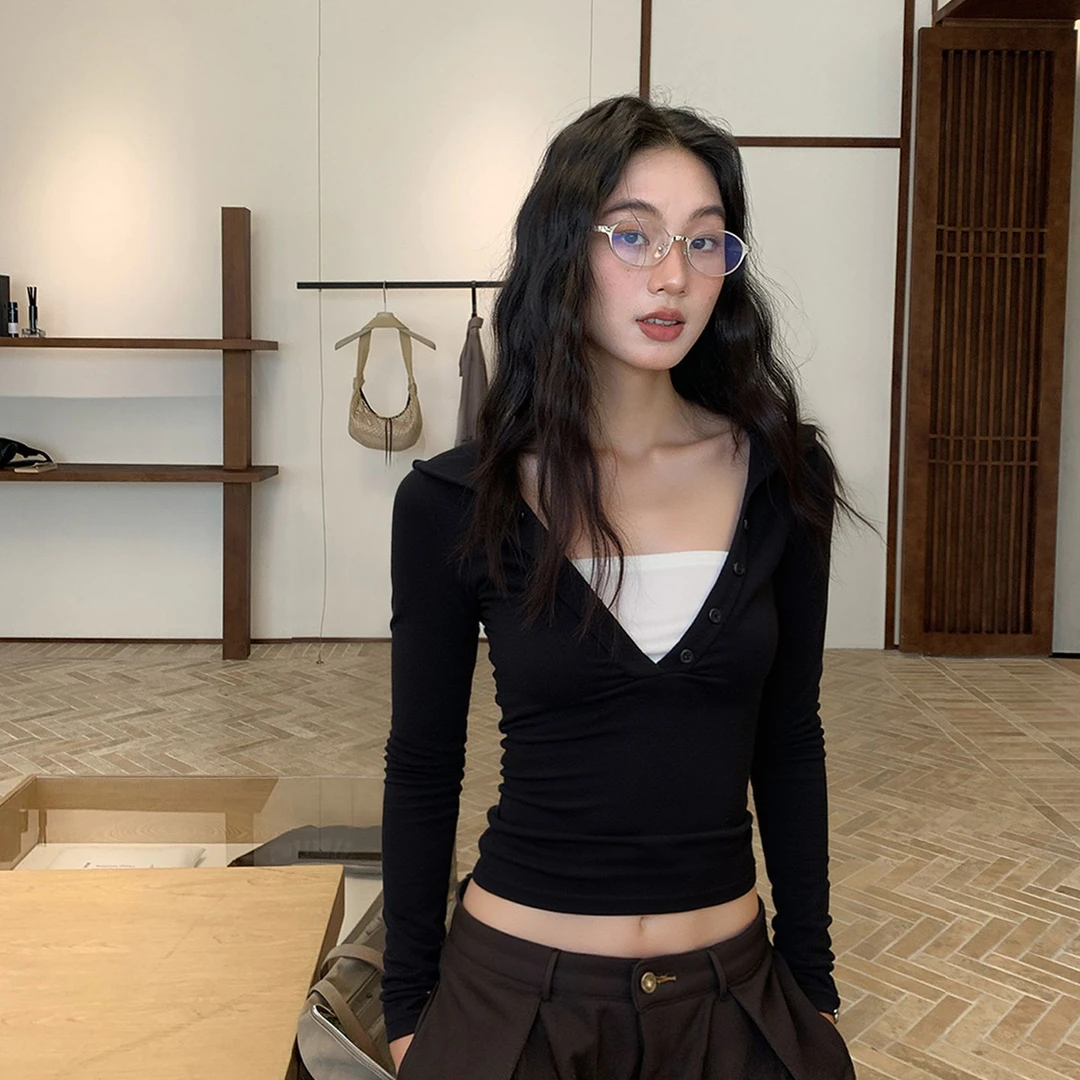 QYao Girls美式撞色假两件翻领长袖秋季修身辣妹显瘦褶皱纽扣上衣