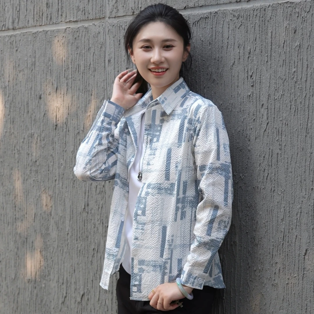 2025秋季男士新款泡泡长袖衬衫休闲时尚衬衣男装潮流印花修身男