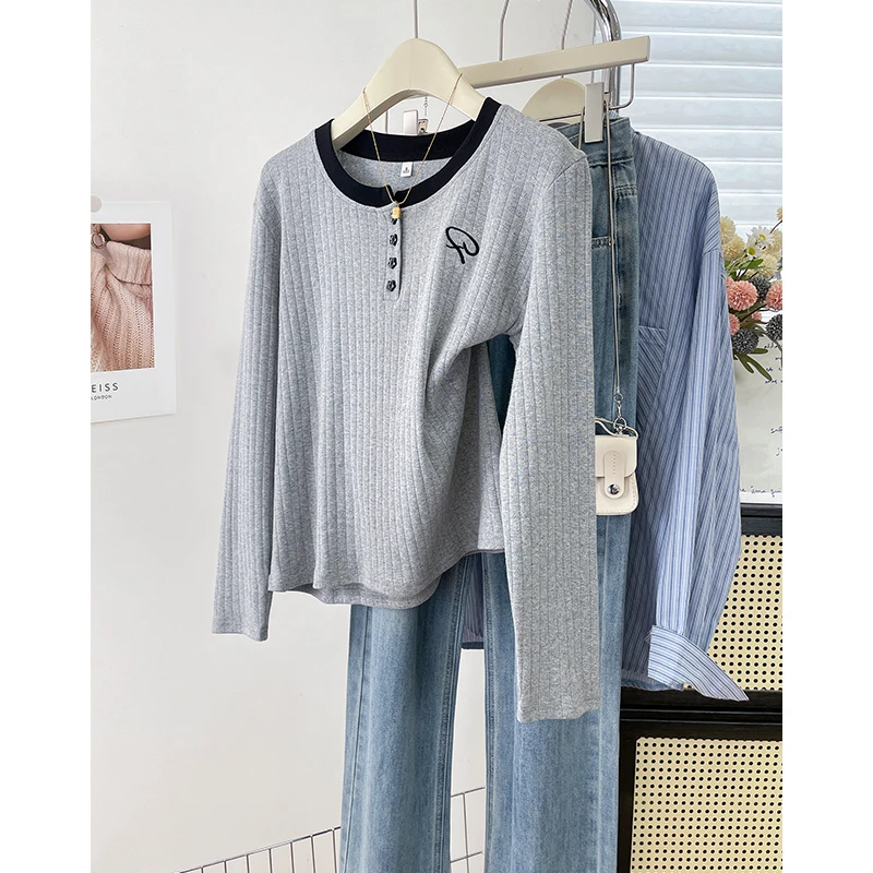 2025秋冬设计感星星扣纯棉长袖T恤衫宽松小众别致百搭女装上衣服