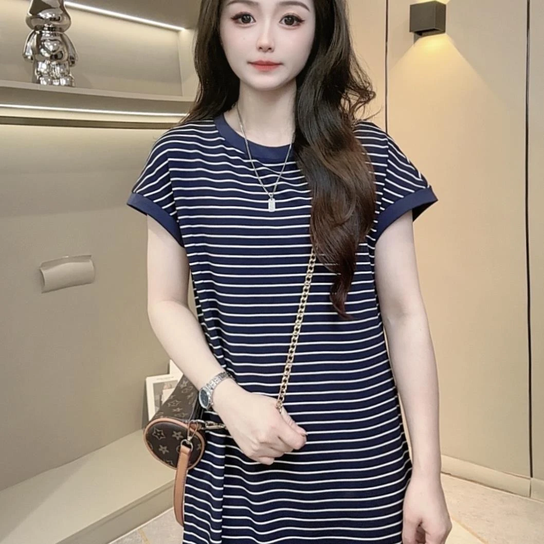 8127时尚百搭收腰显瘦休闲简约条纹短袖连衣裙女2024夏装新款