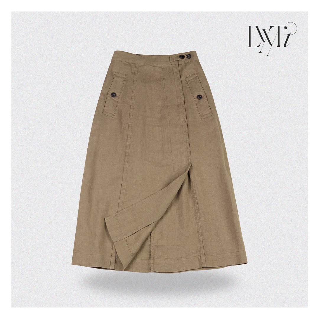 英式腰袢中长麻半裙