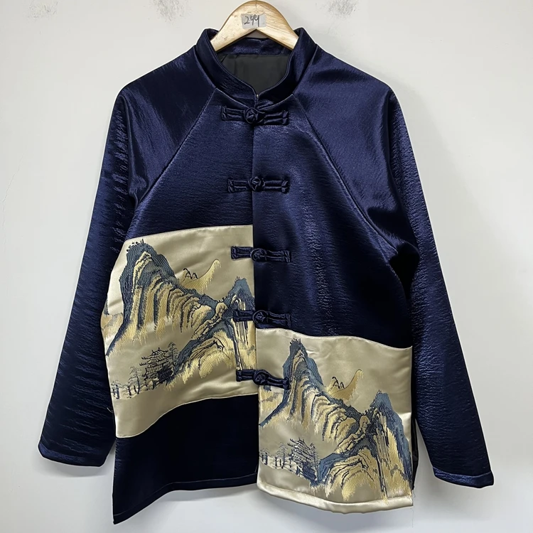 限量 有靠山织锦缎提花深蓝色中国风盘扣一字扣潮流汉服男唐装