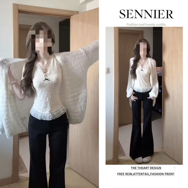 秋季温柔系穿搭女2025新款慵懒百搭开衫蕾丝花边背心休闲裤三件套