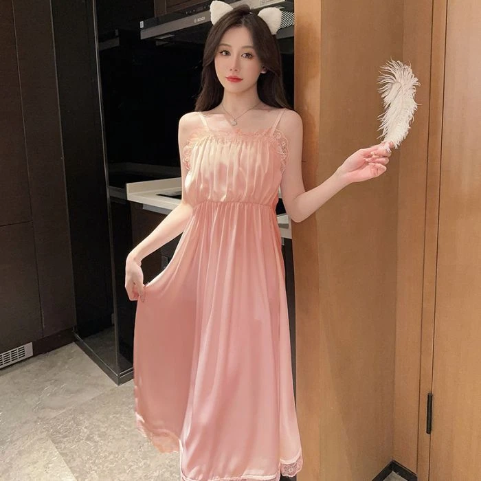 夏季小性感吊带冰雪丝白色中长款睡裙2025新款冰丝纯色白裙可外穿