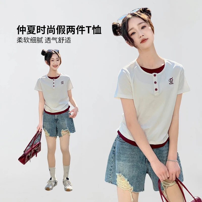 YEMK春夏简约夏款套头短款假两件休闲百搭显瘦T恤女大童X26031