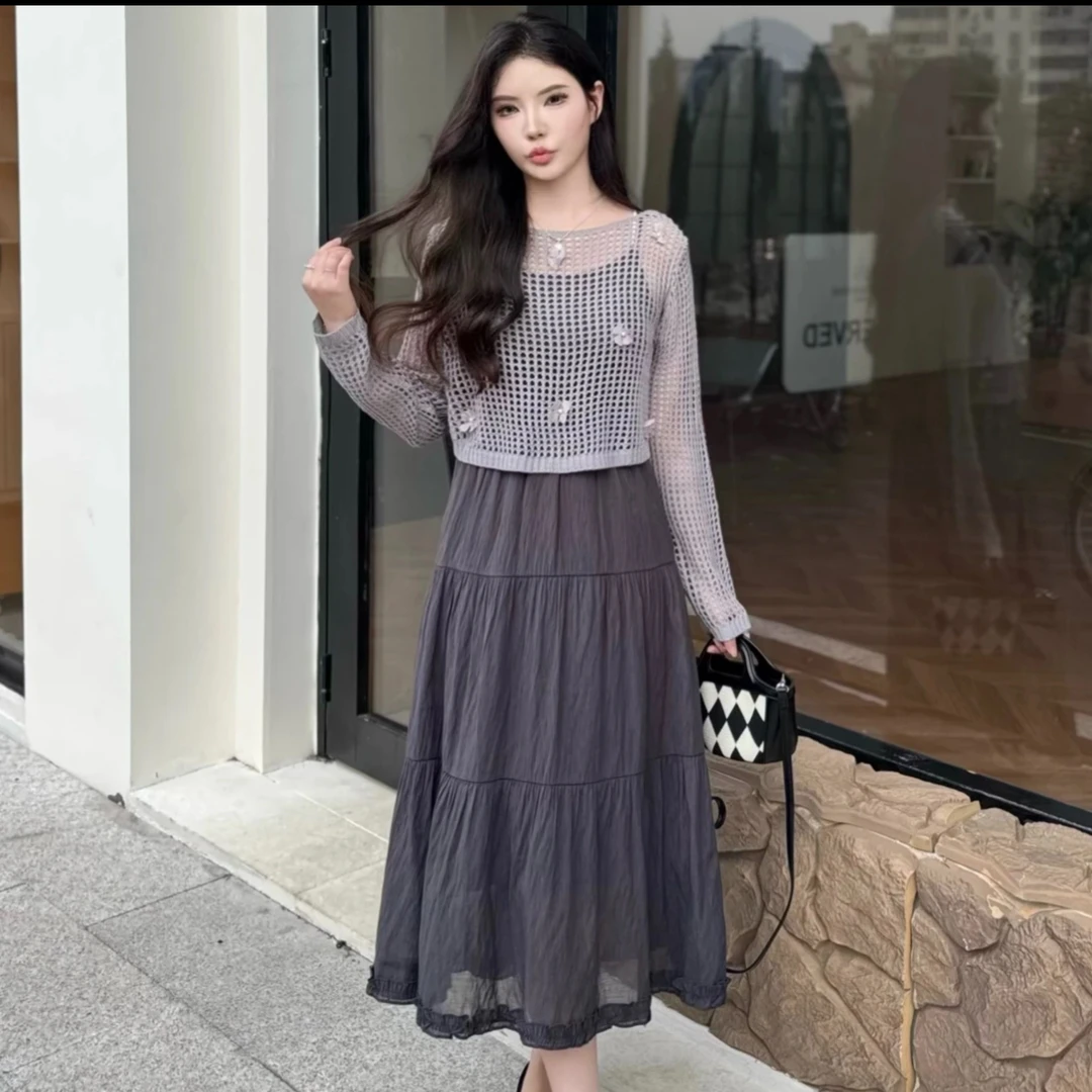 7009#【衣长42裙长110】新款吊带裙配长袖剪裁衬衫女士两件套