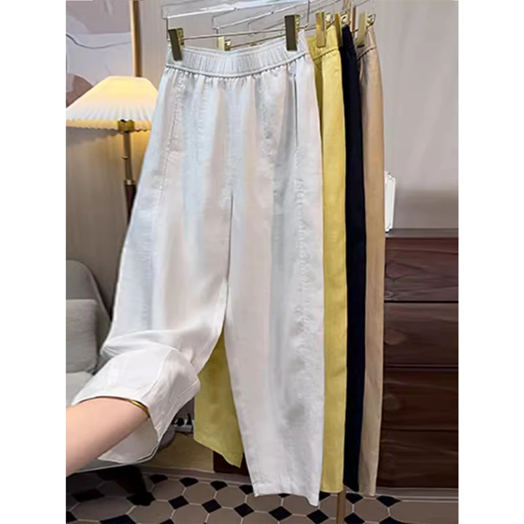 天丝亚麻裤女夏季薄款2025年新款高腰休闲哈伦裤小脚裤棉麻直筒裤