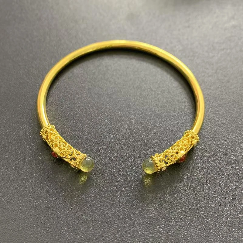 （七七甄选）时尚轻奢蓝珀开口手镯合金镶嵌