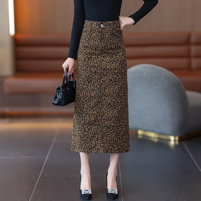 早秋冬季咖色豹纹洋气时尚修身开叉包臀长裙高腰牛仔半身裙女显瘦