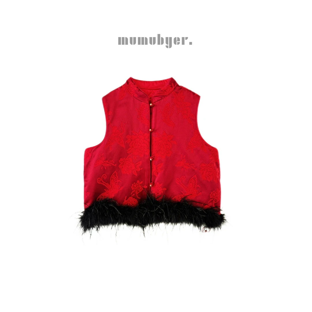 mumubyer •  “淡雅佳人”儿童款！进口醋酸绣花拼鸵鸟毛马甲