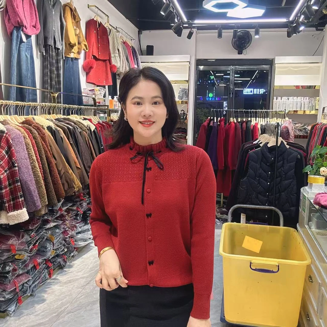 8-5680蝴蝶结装饰针织开衫毛衣长57公分