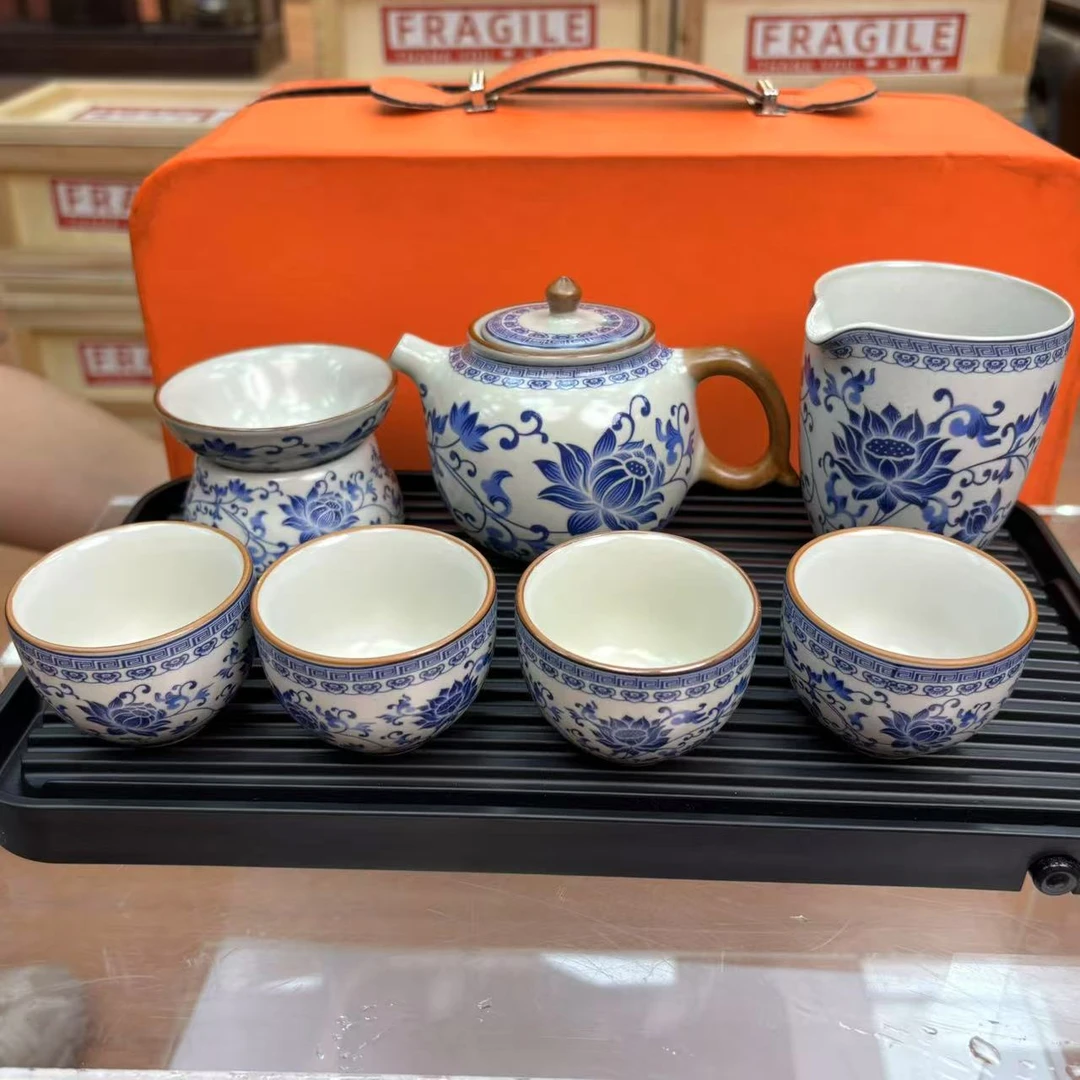 【闪购商品】缠枝莲便捷式车载便携旅行茶具陶瓷茶具套装